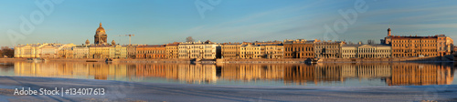 Saint Petersburg. Panorama of English Embankment from the Senate Square and Bronze Horseman to the Annunciation Bridge at spring evening