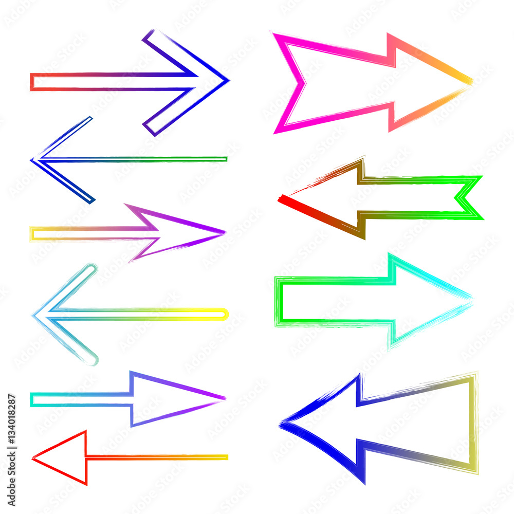 Set of color grunge hand drawn brushstrokes arrows on white back Set of color grunge hand drawn brushstrokes arrows on white back