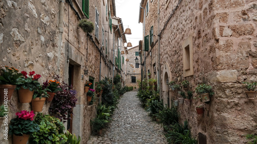 Fototapeta Naklejka Na Ścianę i Meble -  empty narrow street in Valldemossa Mallorca with typical historic houses on both sides and mountains in far distant background