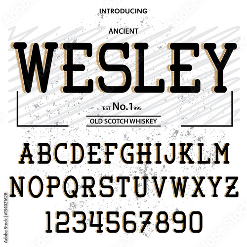 Typeface. Label. Wesley typeface, labels and different type designs