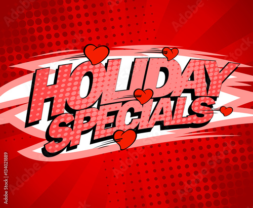 Holiday specials red design concept, sale poster with flying hearts