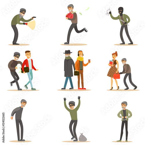 Burglars, Pickpockets And Thieves Set Of Smiling Criminals At The Crime Scene Stealing Vector Illustrations
