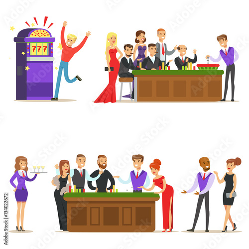Gamblers In Chic Casino In Vegas Playing Cards, Roulette And Slot Machine Smiling Players, Waiters And Dealers Illustrations