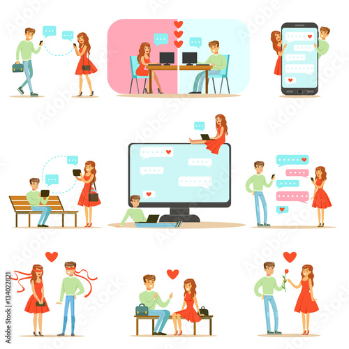 People Finding Love And Dating Using Dating Web Sites And App On Smartphones And Computers Infographic Illustration