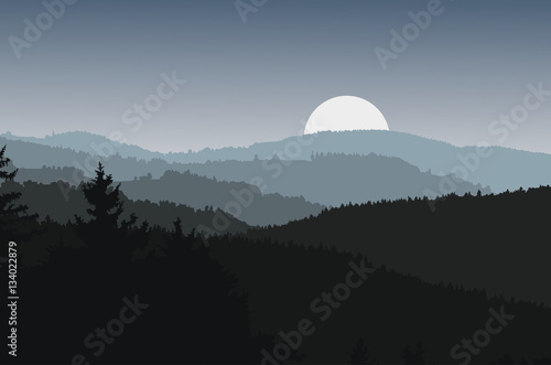 Panorama landscape with dark silhouettes of hills, forest, mountains, dramatic clear sky, moonrise - vector illustration