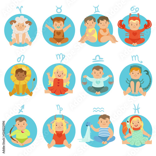 Babies In Twelve Zodiac Signs Costumes Sitting And Smiling Dressed As Horoscope Symbols © topvectors