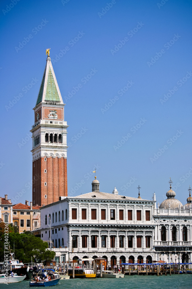 Bell tower of St. Mark's Cathedral towers over Venice, Italy.