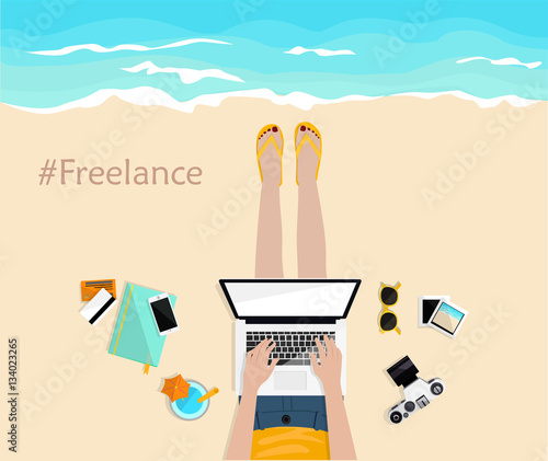 Freelance. Girl laying on the beach and typing on laptop. Top view. Hand drawn vector illustration. Freelancer life. Desktop with mobile, notebook, camera, pictures and credit cards. Work and rest.