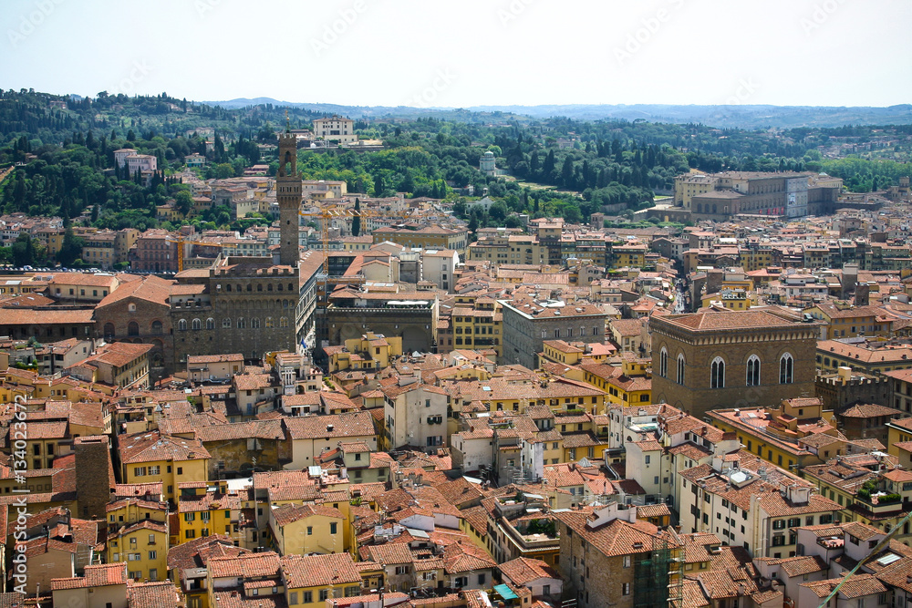 View of Florence from the observation deck of the dome of the cathedral Santa Maria del Fiore in Florence, Italy. Mosaic of houses, roofs and windows.