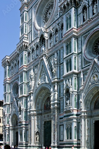 View of the marble facade of the cathedral of Santa Maria del Fiore in Florence, Italy.