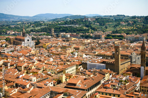 View of Florence from the observation deck of the dome of the cathedral Santa Maria del Fiore in Florence, Italy.