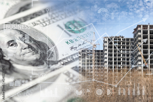 Collage with construction site and US dollars