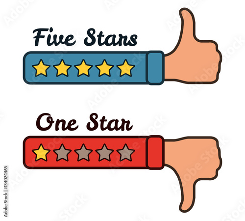 Five and one stars on the red blue hands with text. Thumb up and thumb down. Vector illustration isolated on white.