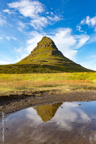 Iceland, Seljalandsfoss Peninsula. Mount kirkjufell reflecting on water