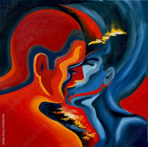 Kiss, abstract art in blue and red, oil painting on canvas