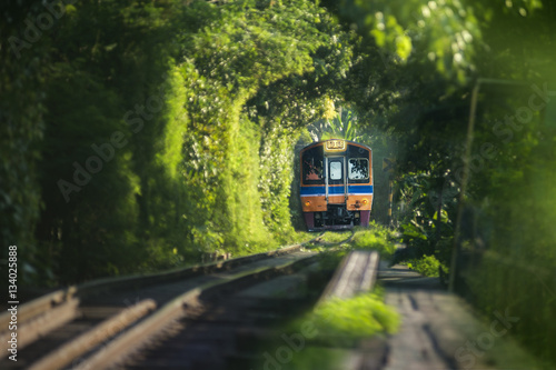 Image of blurry out of focus Steel railroad with blur bokeh of natural tunnel tree 
