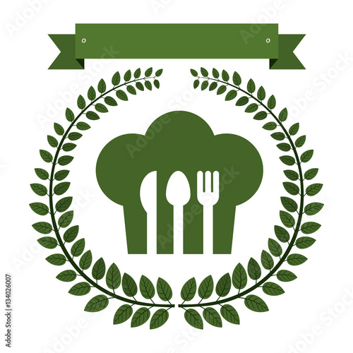 Arch of green leaves with chefs hat and cutlery vector illustration