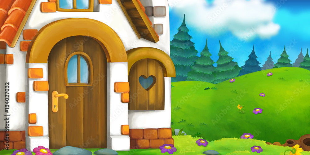 Cartoon background of an old house in the meadow - illustration for children