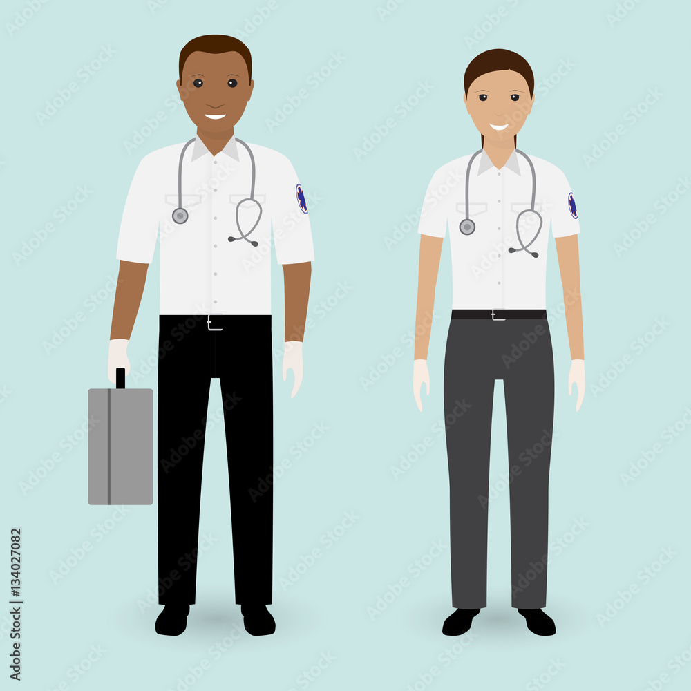 Hospital staff concept. Paramedics ambulance team. Male and female emergency medical serviice employee. Hospital staff concept. Paramedics ambulance team. Male and female emergency medical serviice employee.