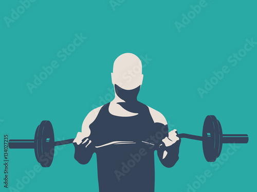 Man training in a gym. biceps workout. Rod as equipment. Isolated silhouette of a bald man with a beard in a vest