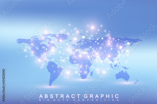 Geometric graphic background communication with Political World Map. Big data complex with compounds. Perspective minimal array. Digital data visualization. Scientific cybernetic vector illustration.