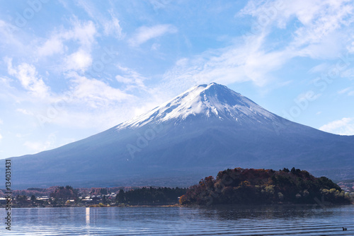 fuji mountain on blue sky background view from the lake kawaguch