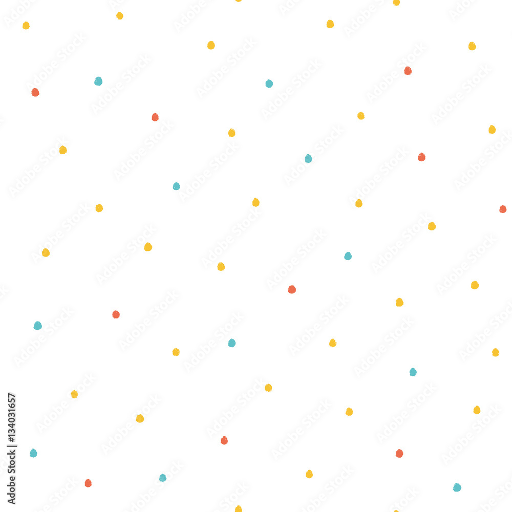 Seamless multicolored baby vector free hand doodle polka dot texture, dry brush ink art.