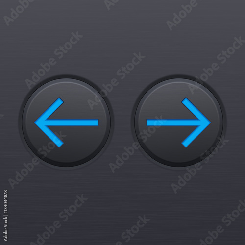 Round arrow buttons. Blue icons right and left