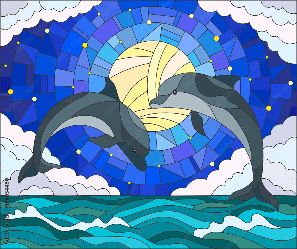 Fototapeta premium llustration in stained glass style with a pair of dolphins on the background of water ,cloud, starry sky and moon