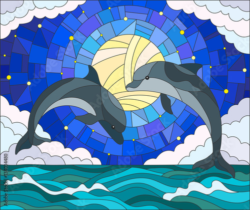 llustration in stained glass style with a pair of dolphins on the background of water ,cloud, starry sky and moon