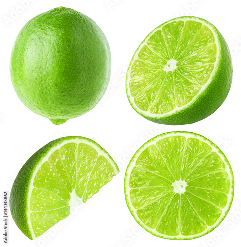 Collection of lime fruit isolated on white, clipping path