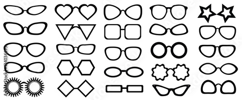 Set of glasses isolated. 25 pieces.  Vector illustration on white background. Glasses model icons, man, women frames. Different shapes, frame, styles