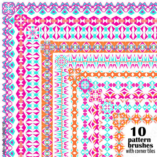 Vector set of geometric borders in ethnic boho style. Collection of pattern brushes with corner tiles inside