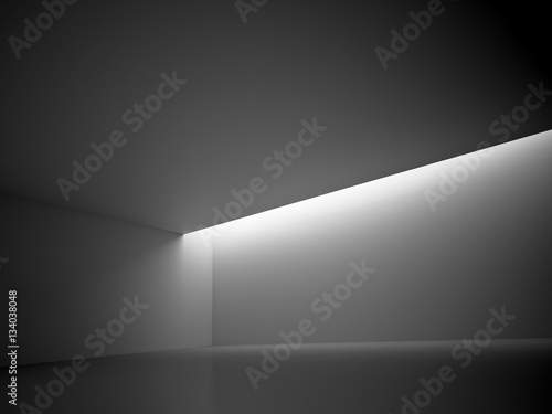 Empty Dark Room With Blank Frames Decorate Lights. Interior Background. 3d Render Illustration.