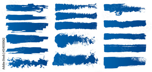 Set of hand-painted brush strokes. Blue watercolor stripes isolated on white background. Vector illustration. 