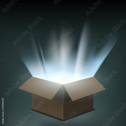 Open cardboard box with a glow inside. Stock vector illustration