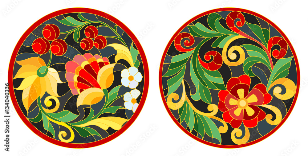 Set of illustrations of the round stained glass Windows with abstract flowers and leaves, stylized folk painted Khokhloma Set of illustrations of the round stained glass Windows with abstract flowers and leaves, stylized folk painted Khokhloma