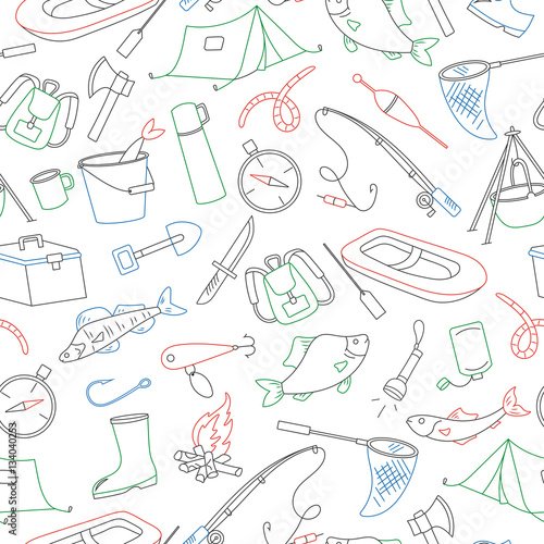 Seamless pattern on the theme of fishing, simple colored contour icons on white background