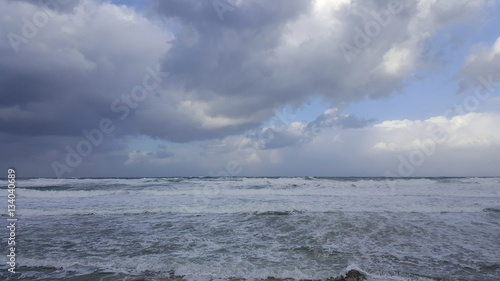 Storm  windy weather on sea shore of Mediterranean Sea  Haifa  Israel