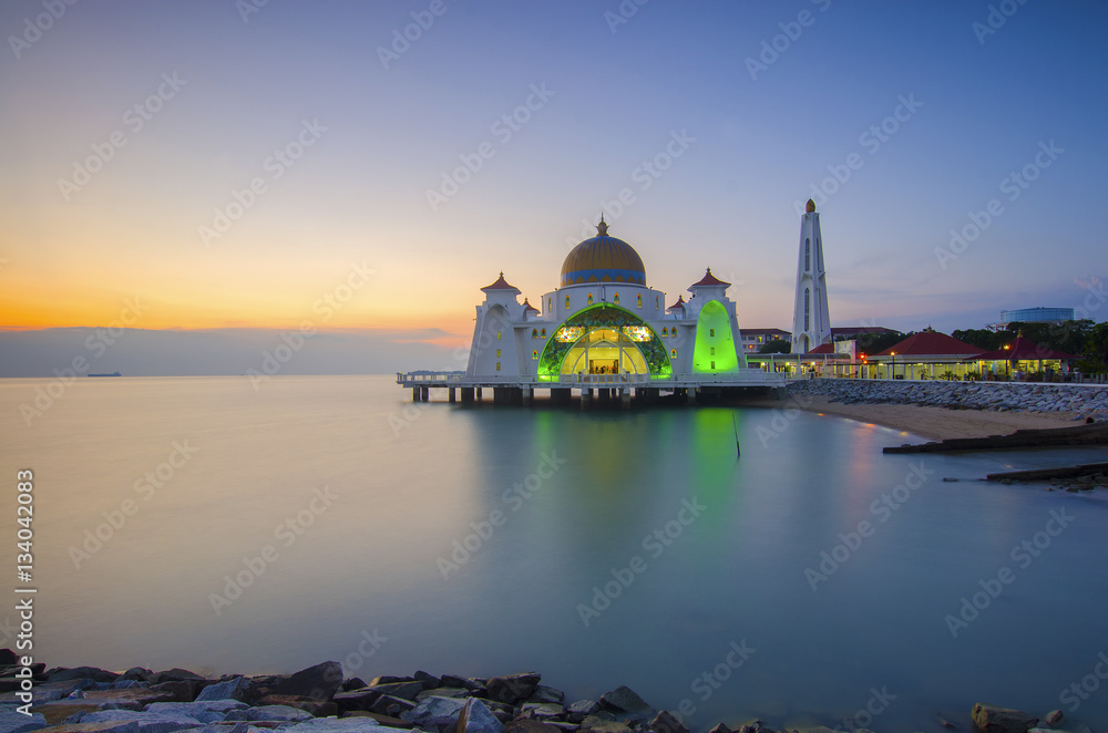 Malacca Straits Mosque, Malaysia at sunset.