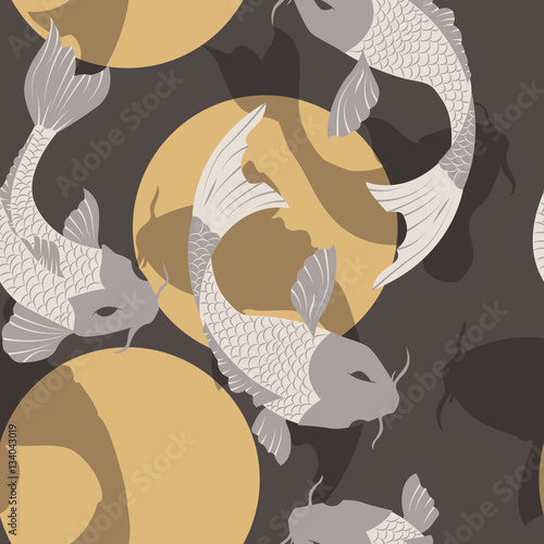 Seamless pattern with carp koi fish and sun, traditional japanese art, vector illustration