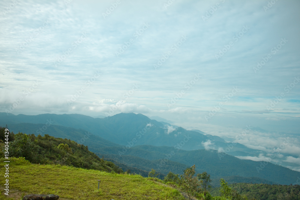Landscape photo with hill mountain and sky in blue view in Northern of Thailand