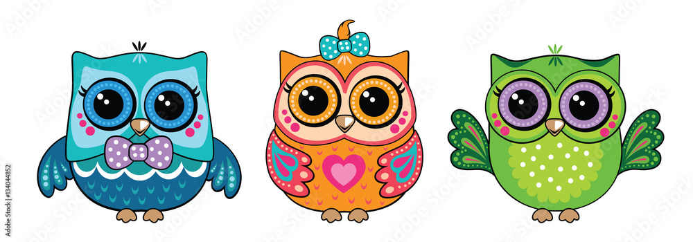 Set cute funny owls. Forest bird or animal. Decorative and style toy, doll. Wonderland. Magic, fabulous story. Isolated children's cartoon illustration, for print or sticker. White background. Vector.