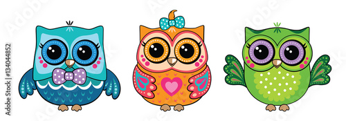 Set cute funny owls. Forest bird or animal. Decorative and style toy, doll. Wonderland. Magic, fabulous story. Isolated children's cartoon illustration, for print or sticker. White background. Vector.