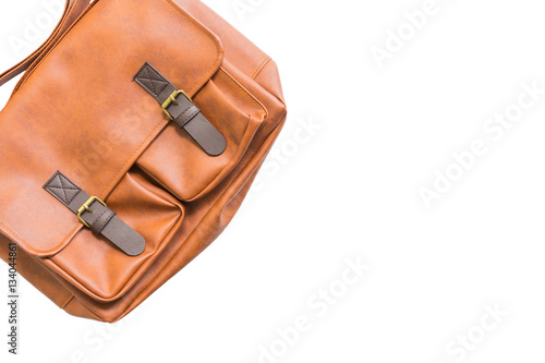 Men's accessories with brown leather bags, flat lay, top view isolated on white background