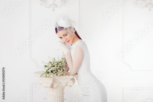 Retro Woman Portrait. Closeup portrait smiling happy young bride