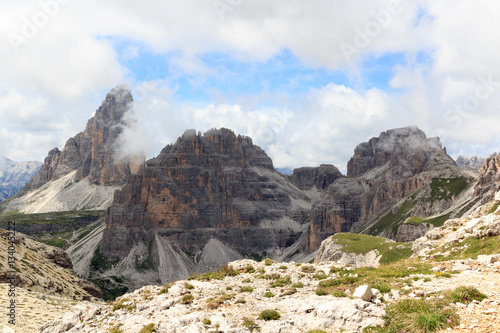 Sexten Dolomites panorama with mountain Drei Zinnen and Paternkofel in South Tyrol, Italy