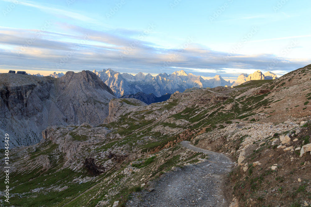 Footpath and Sexten Dolomites mountain panorama in South Tyrol, Italy