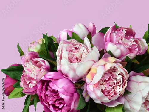 Peony bouquet with pink colored background.