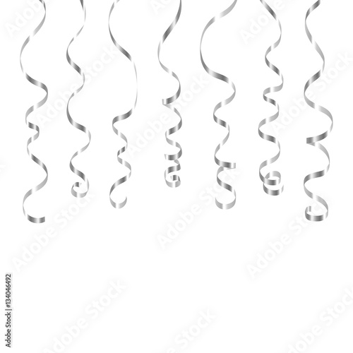 Silver curly ribbons. Serpentine on white background. Colorful streamers. Design decoration party, birthday, Christmas, New Year celebration, anniversary, carnival Vector illustration